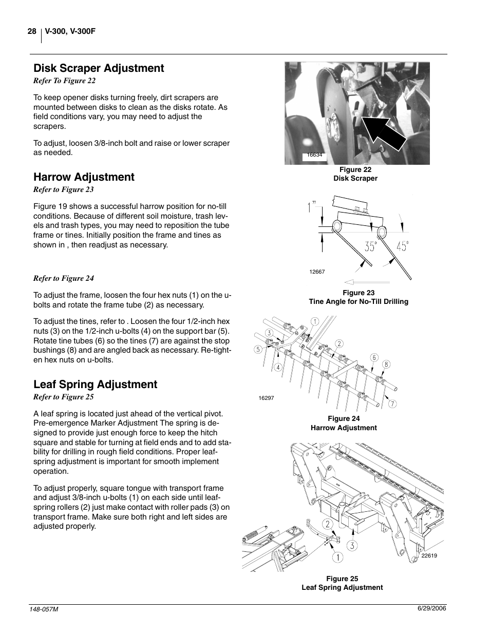 Disk scraper adjustment, Harrow adjustment, Leaf spring adjustment | Great Plains V-300F Operator Manual User Manual | Page 30 / 84