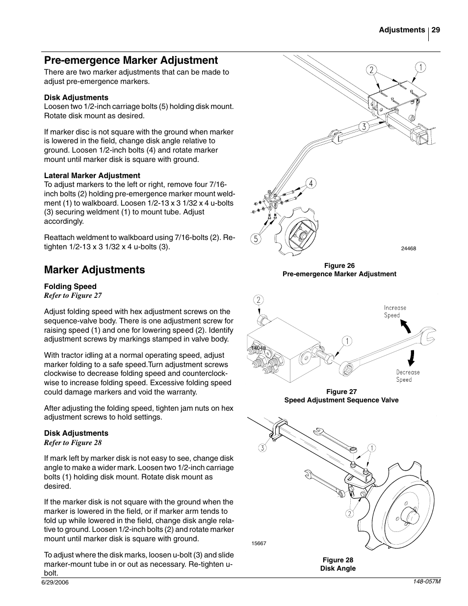 Pre-emergence marker adjustment, Disk adjustments, Lateral marker adjustment | Marker adjustments, Folding speed | Great Plains V-300F Operator Manual User Manual | Page 31 / 84