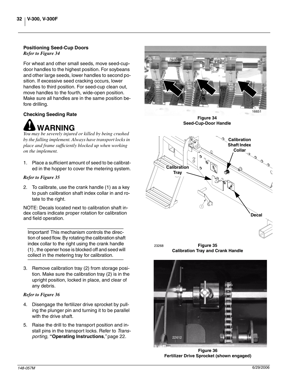 Positioning seed-cup doors, Checking seeding rate, Warning | Great Plains V-300F Operator Manual User Manual | Page 34 / 84