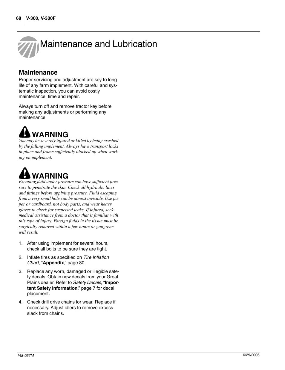 Maintenance and lubrication, Maintenance, Warning | Great Plains V-300F Operator Manual User Manual | Page 70 / 84