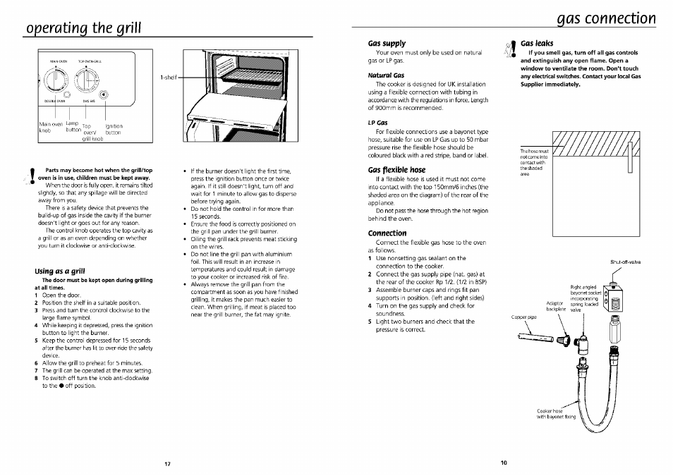 Operating the grill, Using as a grill, Gas supply | Natural gas, Gas leaks, Lp cas, Gas flexible hose, Connection, Gas connection | Beko DVG 695 User Manual | Page 10 / 13