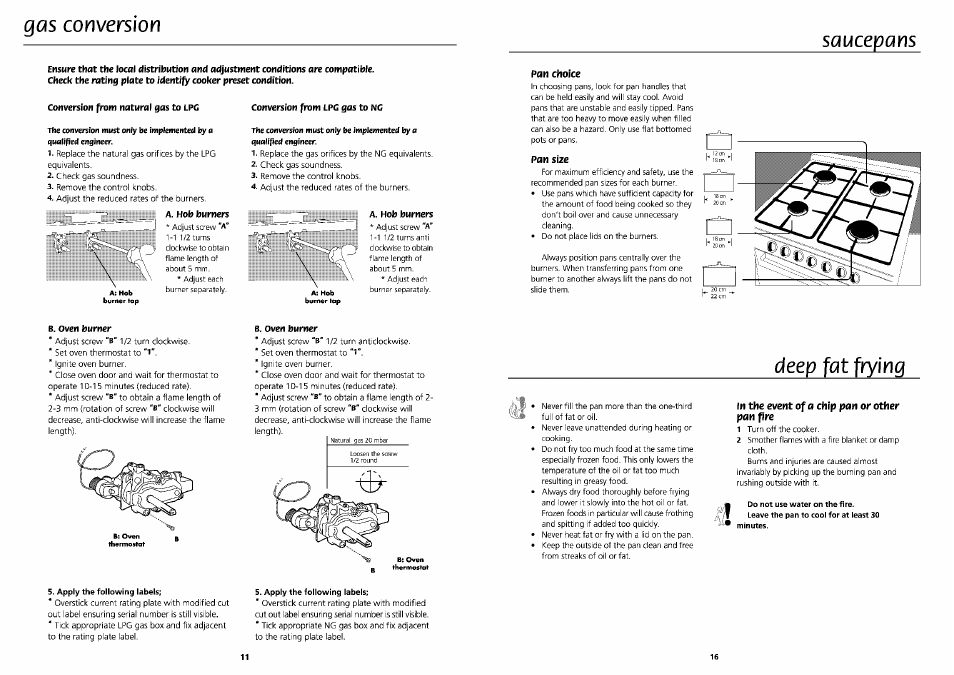 Gas conversion, Conversion from natural gas to lpg, Conversion from lpg gas to ng | A. hob burners, B. oven burner, Pan choice, Pan size, Deep fat frying, In the event of a chip pan or other pan fire, Saucepans | Beko DVG 695 User Manual | Page 11 / 13