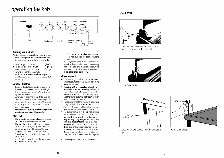 Turning on and off, Ignition button, Glass lid | Flame control, C.gill burner, Operating the hob | Beko DVG 695 User Manual | Page 12 / 13