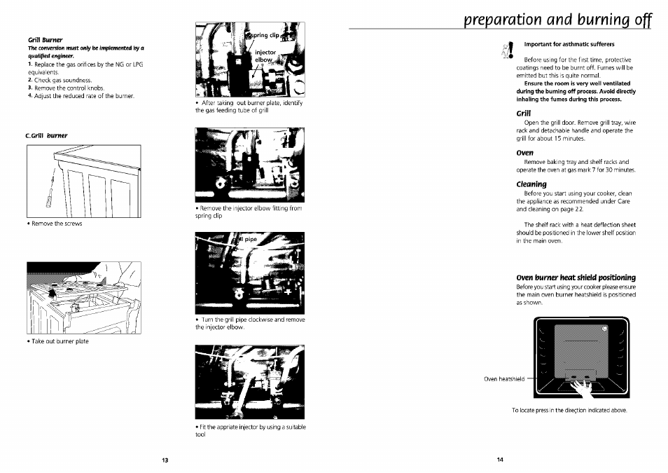 Grill burner, C. grill burner, Important for asthmatic sufferers | Grill, Oven, Cleaning, Oven burner heat shield positioning, Prepqmtion and burning off | Beko DVG 695 User Manual | Page 13 / 13