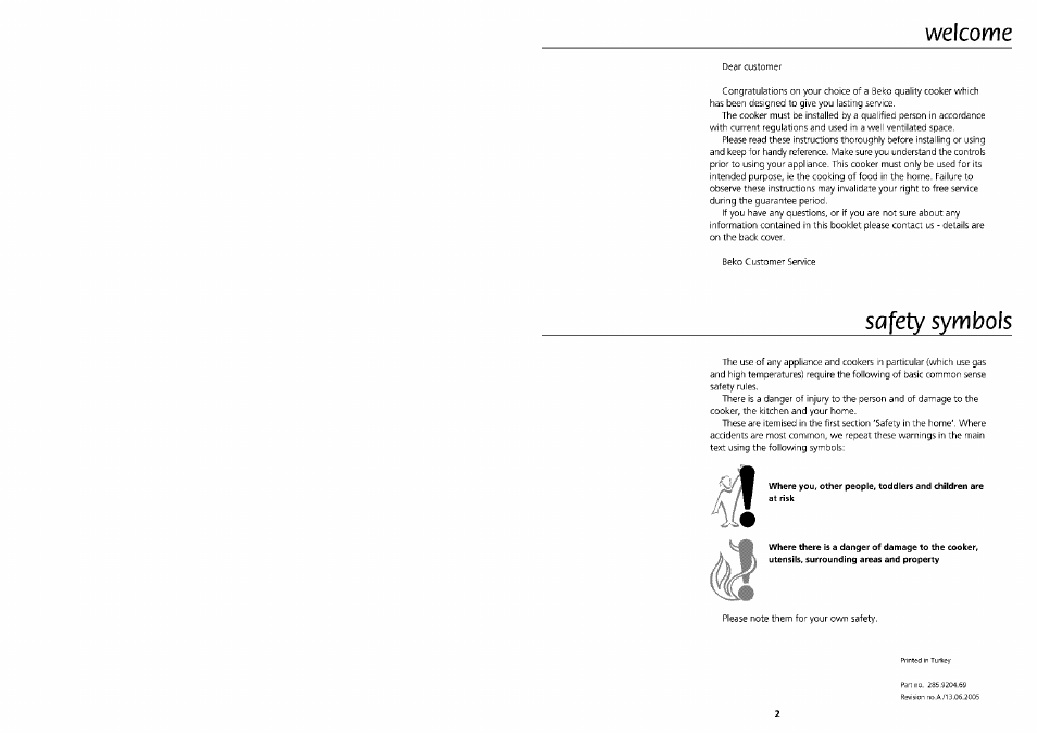 Safety symbols, Ne\come | Beko DVG 695 User Manual | Page 2 / 13