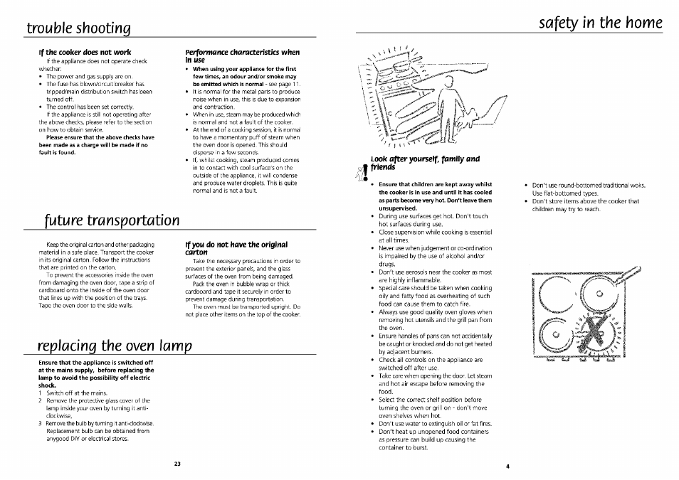 If the cooker does not work, Performance characteristics when in use, If you do not have the original carton | Look after yourself, family and friends, Trouble shooting safety in the home, Future transportation, Replacing the oven lamp | Beko DVG 695 User Manual | Page 4 / 13