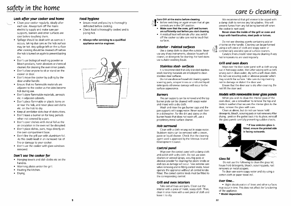 Safety in the home, Look after your cooker and home, Don't use the cooker for | Food hygiene, Exterior - painted surfaces, Stainless steel- surfaces, Burners, Hob surround, Control panel, Grill and oven interiors | Beko DVG 695 User Manual | Page 5 / 13