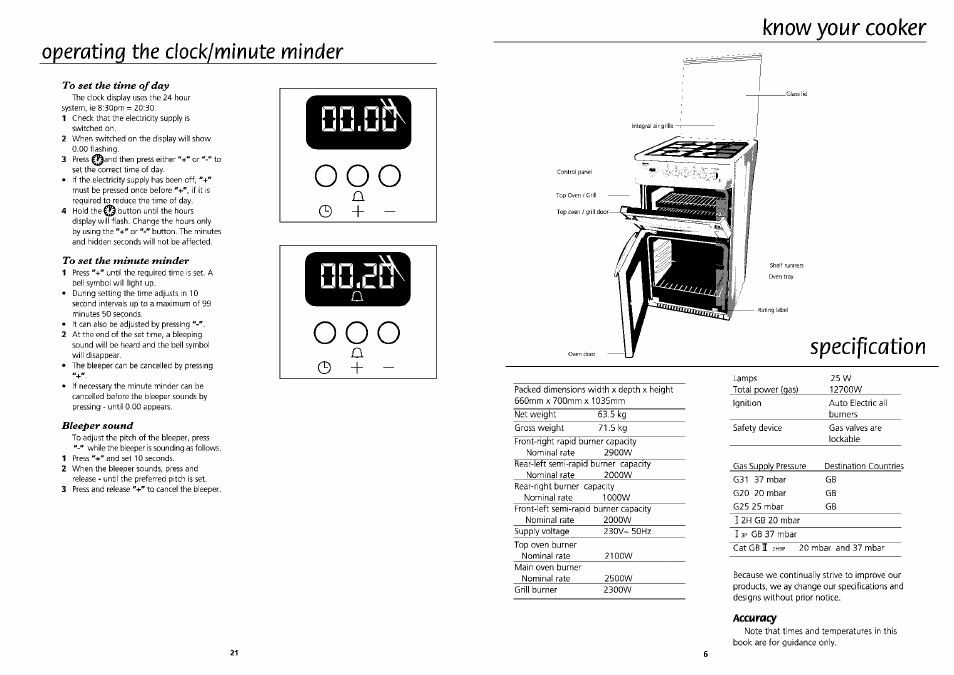 Know your cooker, Nn nr, Uuiuu | Uuil^u, Specification, Accuracy, O o o, Operatmq the clock/mirmte minder know your cooker | Beko DVG 695 User Manual | Page 6 / 13