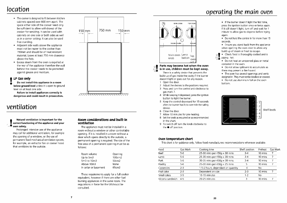 Location, Lp gas only, Ventilation | Room considerations and built-in ventilation, Operating the main oven, Oven temperature chart | Beko DVG 695 User Manual | Page 7 / 13