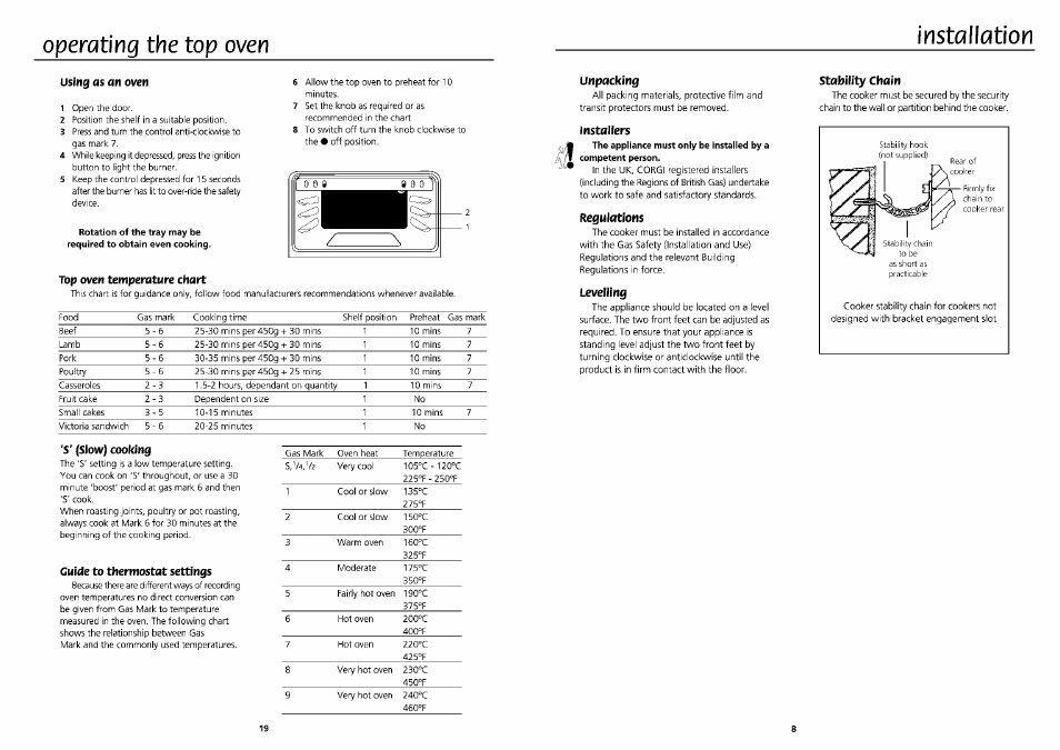 Using as an oven, Top oven temperature chart, Installers | Regulations, Levelling, Stability chain, Operating the top oven installation | Beko DVG 695 User Manual | Page 8 / 13
