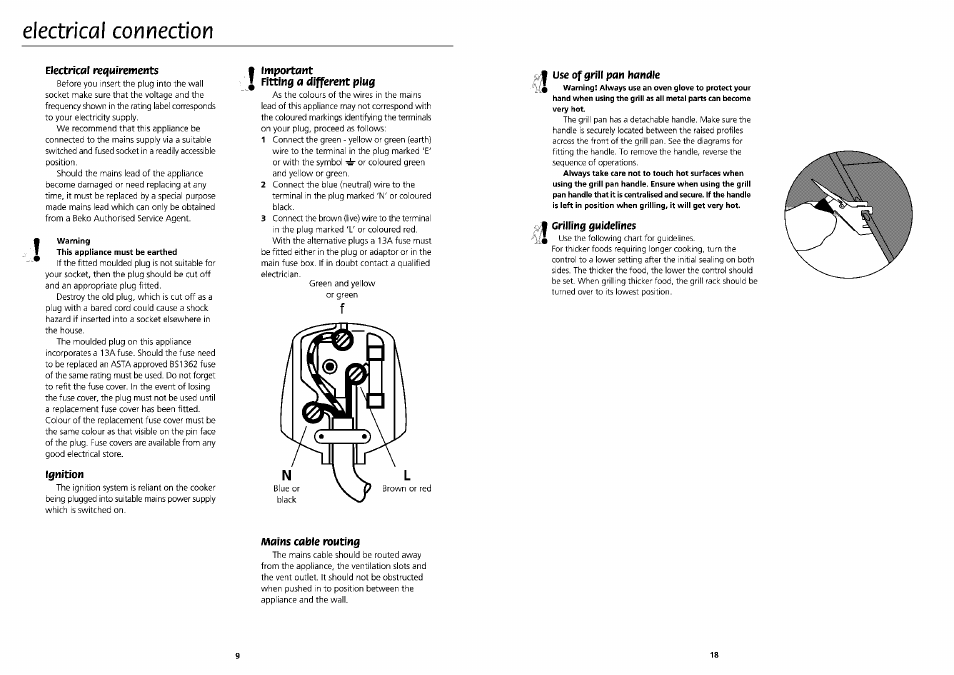 Electrical connection, Electrical requirements, Warning | Ignition, Important, Fitting a different plug, A/lains cable routing, Use of grill pan handle, Grilling guidelines | Beko DVG 695 User Manual | Page 9 / 13