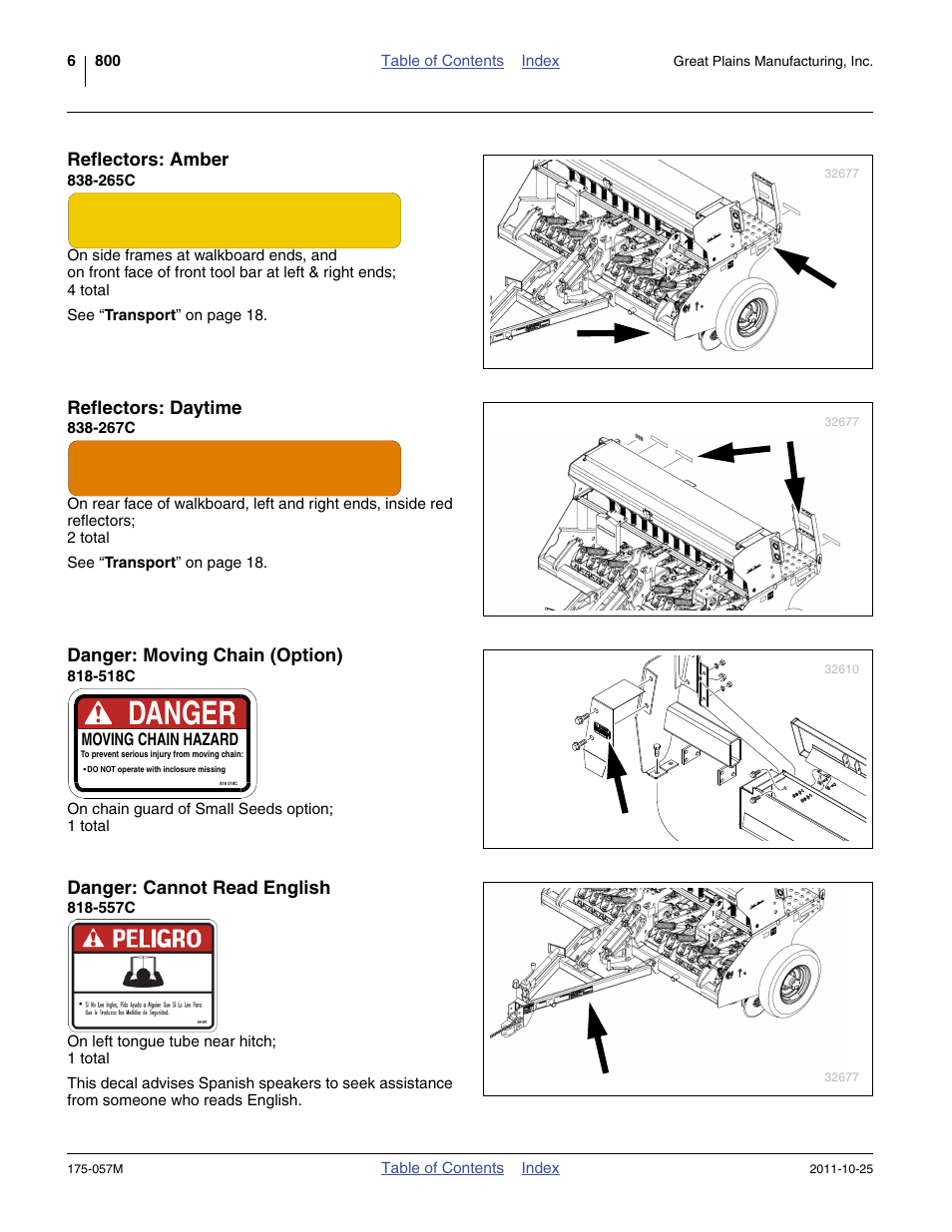 Reflectors: amber, 265c, Reflectors: daytime | 267c, Danger: moving chain (option), 518c, Danger: cannot read english, 557c, Danger | Great Plains 800 Operator Manual User Manual | Page 10 / 70