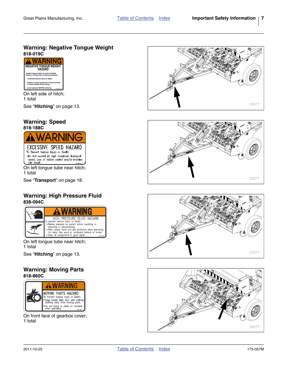Warning: negative tongue weight, 019c, Warning: speed | 188c, Warning: high pressure fluid, 094c, Warning: moving parts, 860c, Warning | Great Plains 800 Operator Manual User Manual | Page 11 / 70