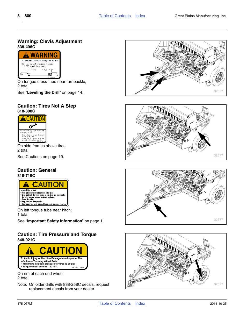 Warning: clevis adjustment, 406c, Caution: tires not a step | 398c, Caution: general, 719c, Caution: tire pressure and torque, 021c, Caution, Warning | Great Plains 800 Operator Manual User Manual | Page 12 / 70