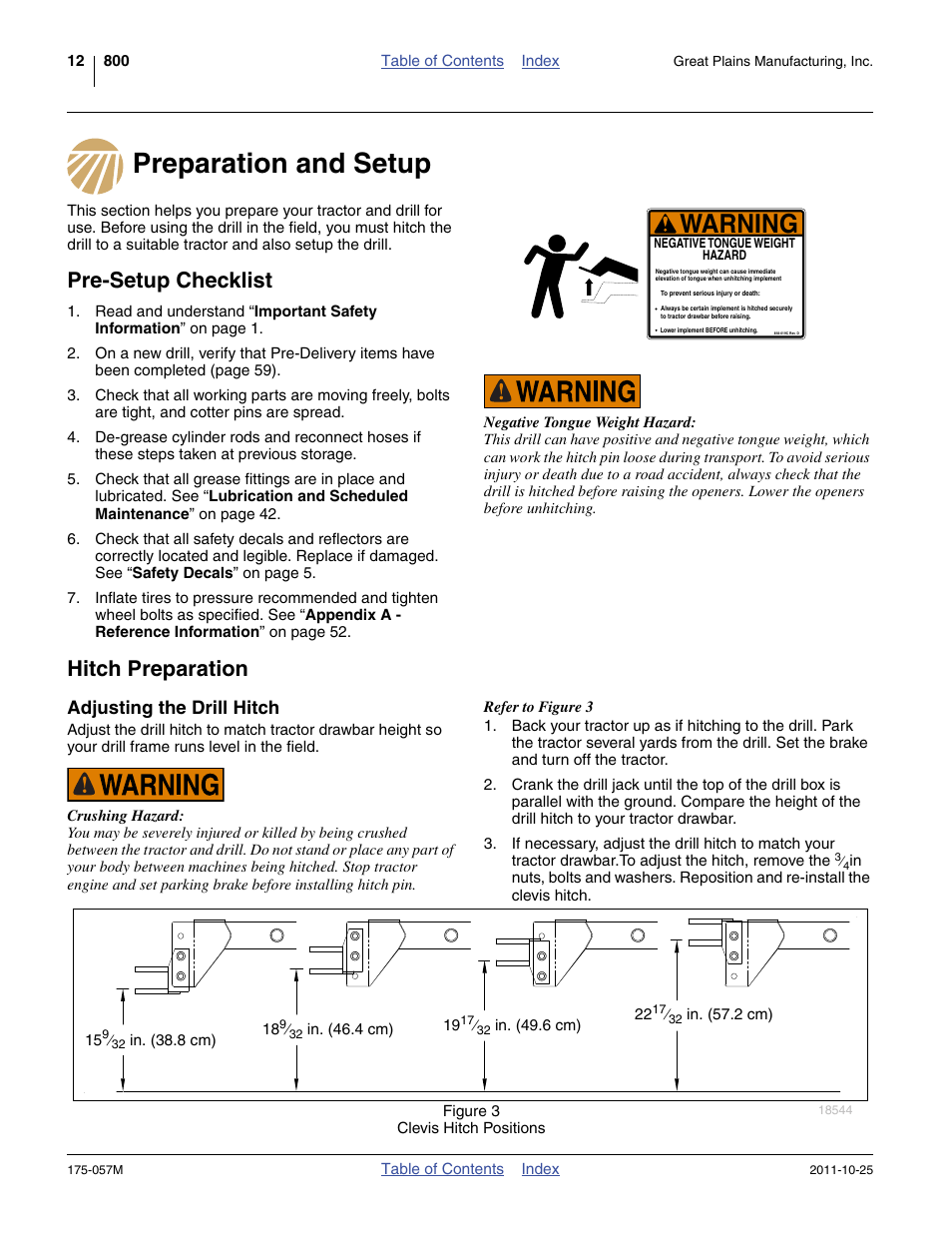 Preparation and setup, Pre-setup checklist, Hitch preparation | Adjusting the drill hitch, Warning | Great Plains 800 Operator Manual User Manual | Page 16 / 70