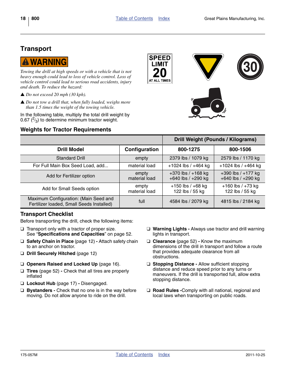 Transport, Weights for tractor requirements, Transport checklist | Great Plains 800 Operator Manual User Manual | Page 22 / 70