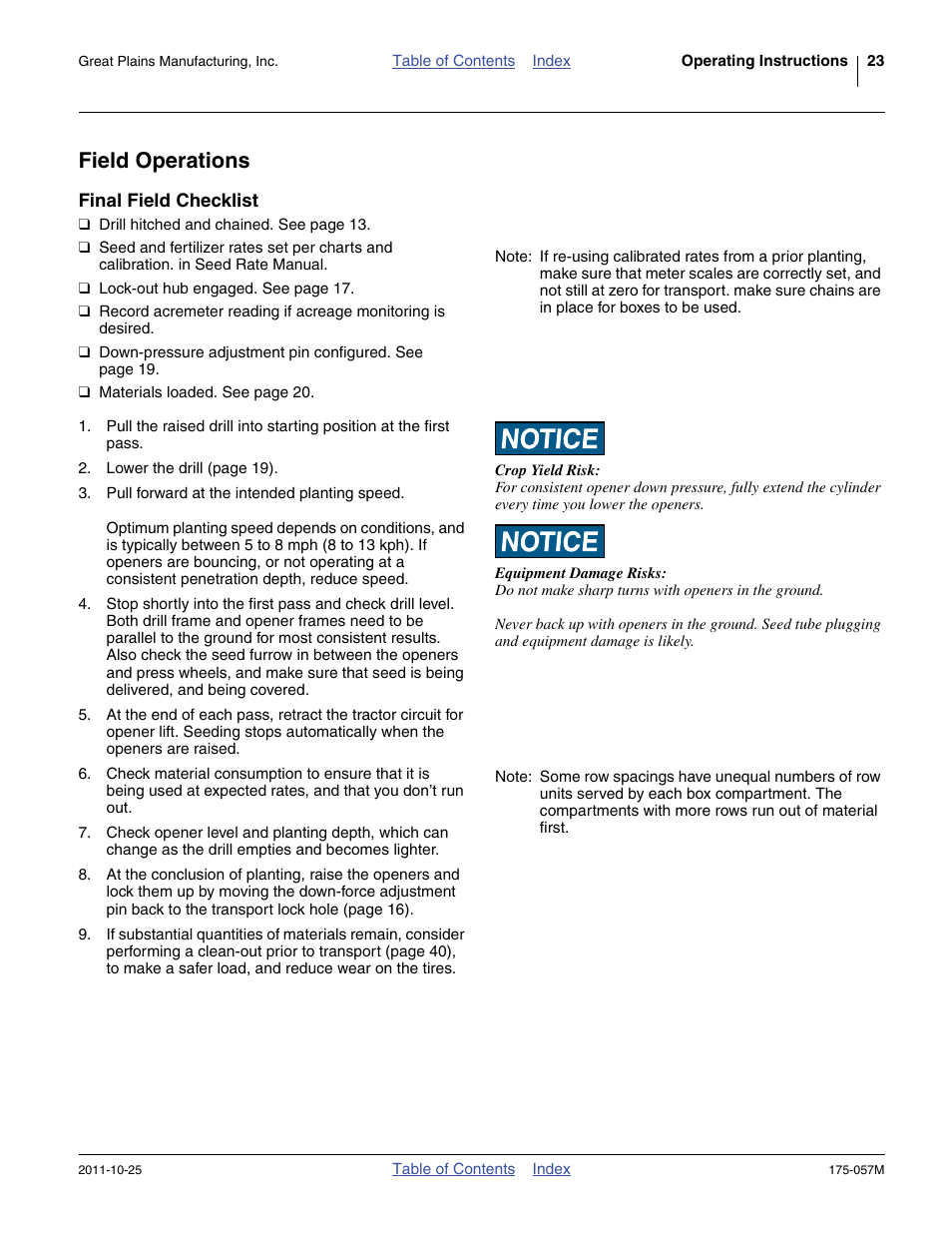 Field operations, Final field checklist | Great Plains 800 Operator Manual User Manual | Page 27 / 70