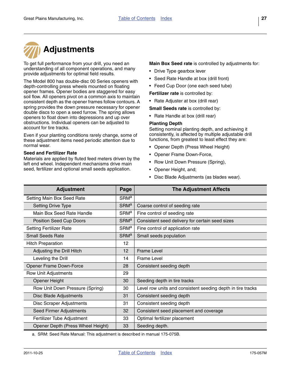 Adjustments, Seed and fertilizer rate, Planting depth | Seed and fertilizer rate planting depth, Adjustments ” section | Great Plains 800 Operator Manual User Manual | Page 31 / 70