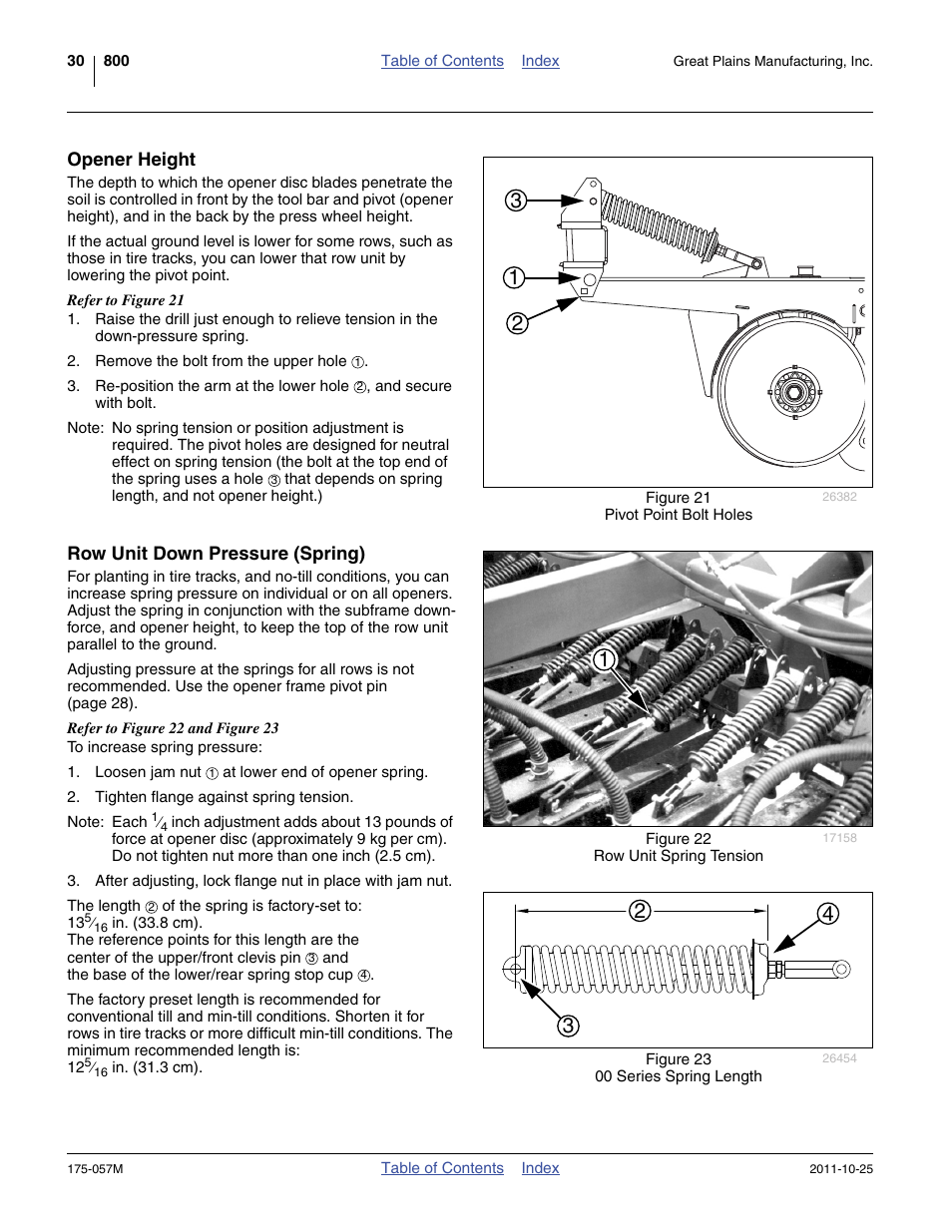 Opener height, Row unit down pressure (spring), Opener height row unit down pressure (spring) | Opener height, and | Great Plains 800 Operator Manual User Manual | Page 34 / 70