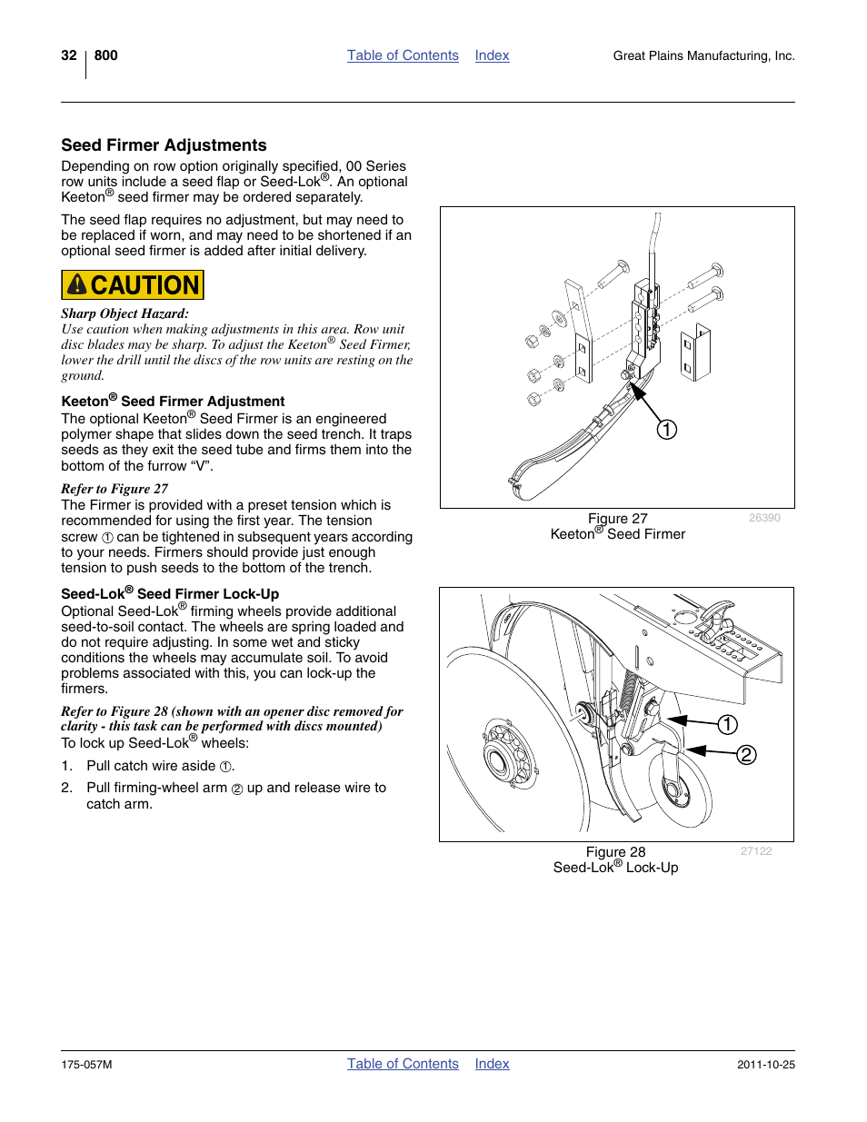 Seed firmer adjustments, Keeton® seed firmer adjustment, Seed-lok® seed firmer lock-up | Keeton, Seed-lok, Es seed-soil contact. see “ seed-lok, Seed, See “ keeton, Seed firmer adjustment ” on | Great Plains 800 Operator Manual User Manual | Page 36 / 70
