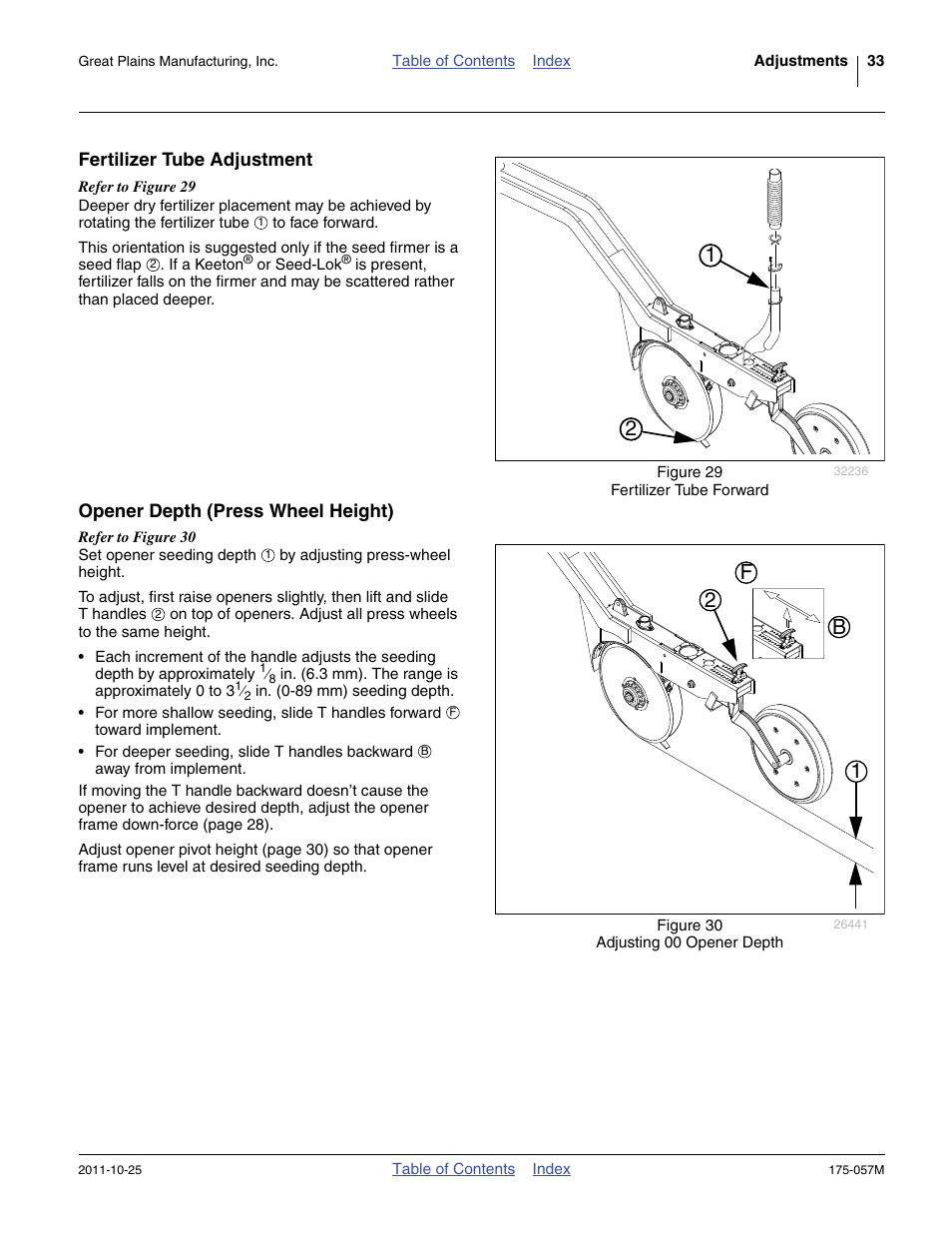 Fertilizer tube adjustment, Opener depth (press wheel height), 12 b f | Great Plains 800 Operator Manual User Manual | Page 37 / 70