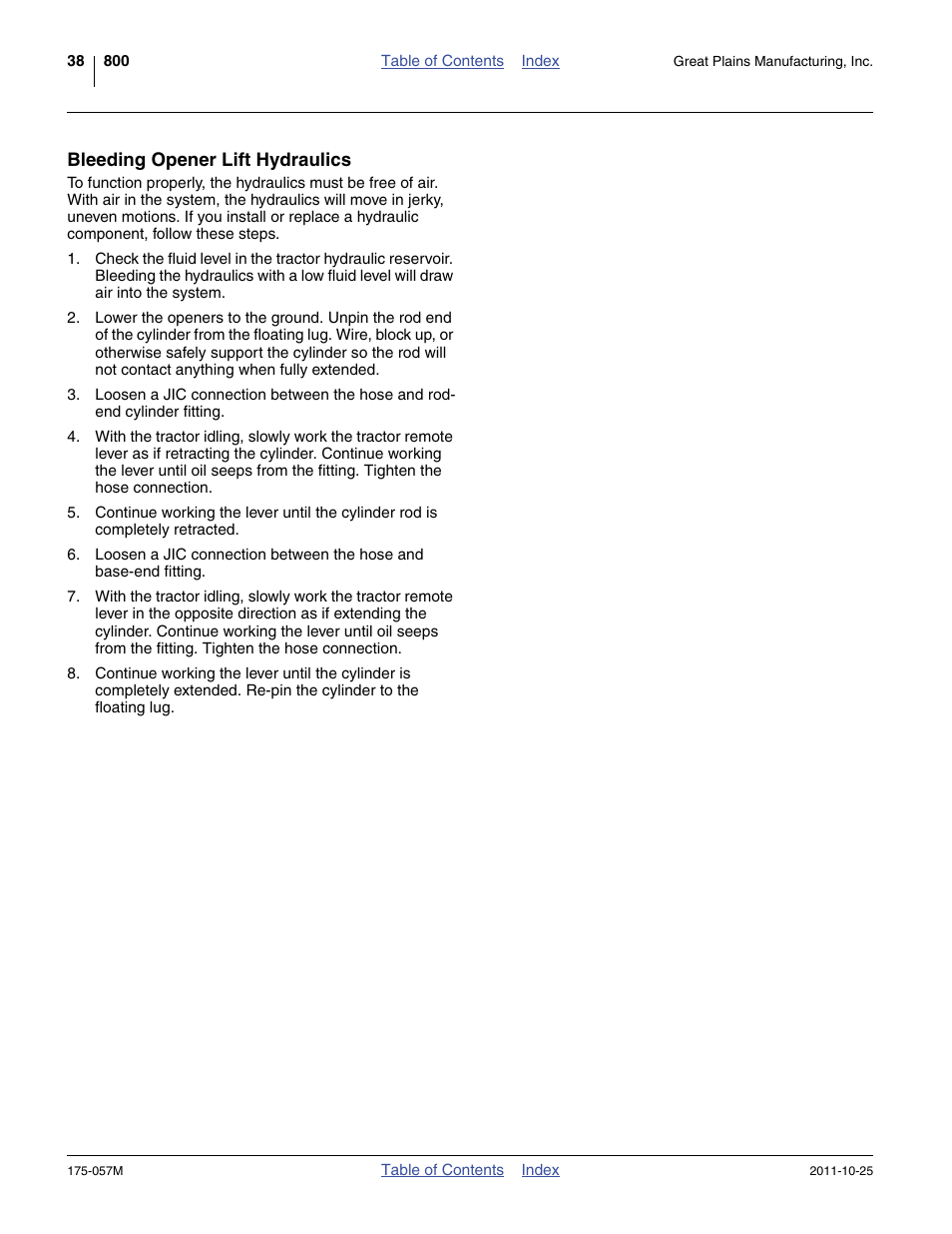 Bleeding opener lift hydraulics | Great Plains 800 Operator Manual User Manual | Page 42 / 70