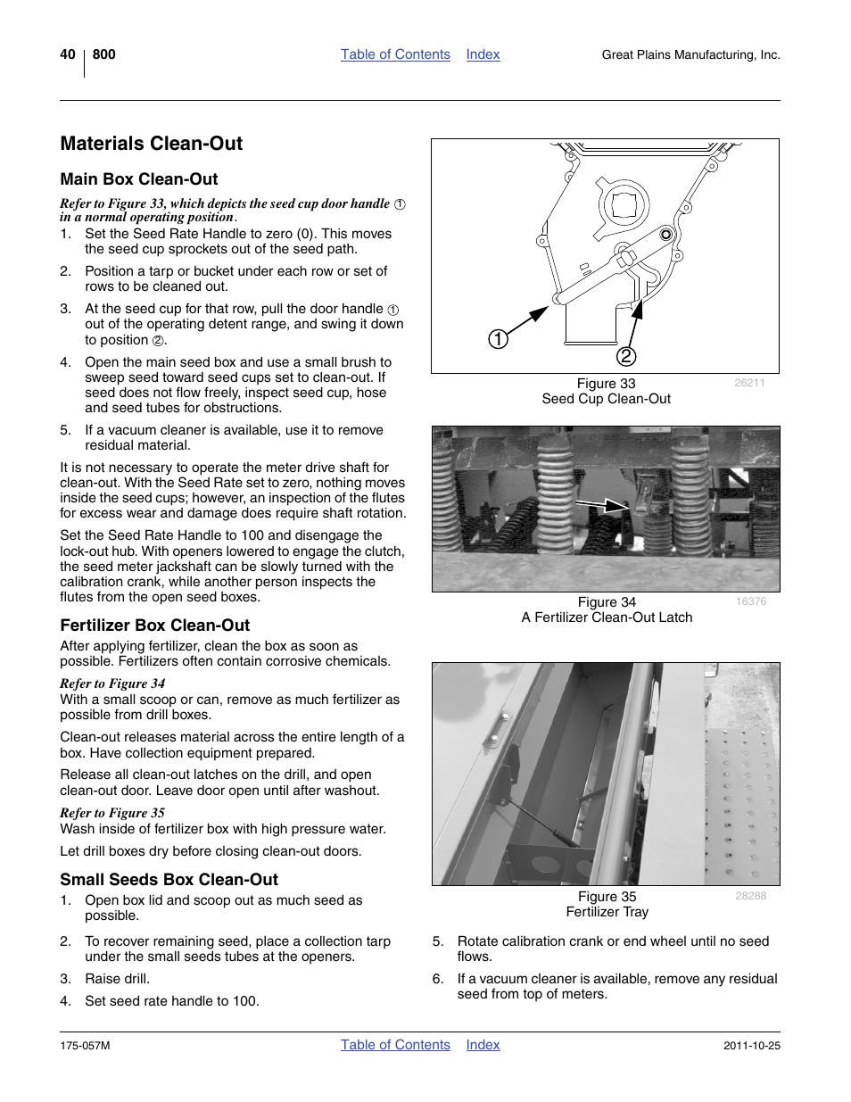 Materials clean-out, Main box clean-out, Fertilizer box clean-out | Small seeds box clean-out | Great Plains 800 Operator Manual User Manual | Page 44 / 70