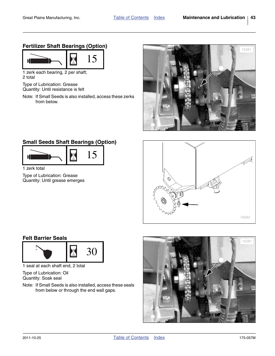 Fertilizer shaft bearings (option), Small seeds shaft bearings (option), Felt barrier seals | Great Plains 800 Operator Manual User Manual | Page 47 / 70