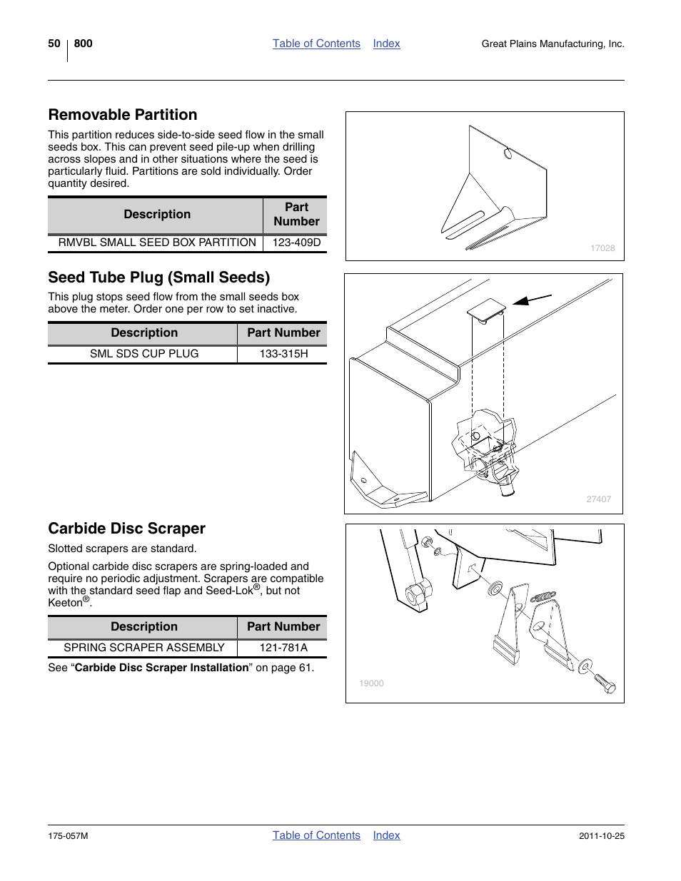 Removable partition, Seed tube plug (small seeds), Carbide disc scraper | Great Plains 800 Operator Manual User Manual | Page 54 / 70