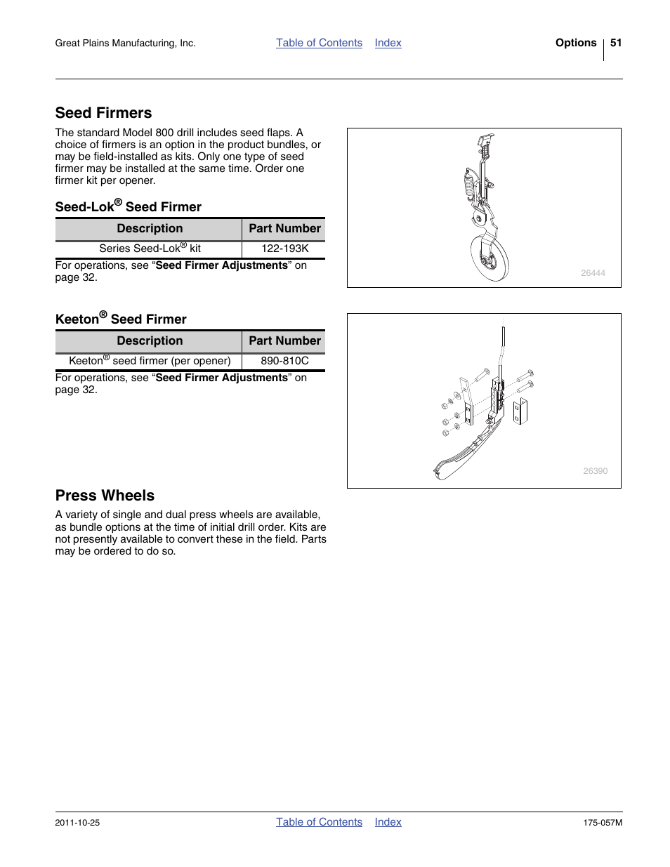 Seed firmers, Seed-lok® seed firmer, Keeton® seed firmer | Press wheels | Great Plains 800 Operator Manual User Manual | Page 55 / 70