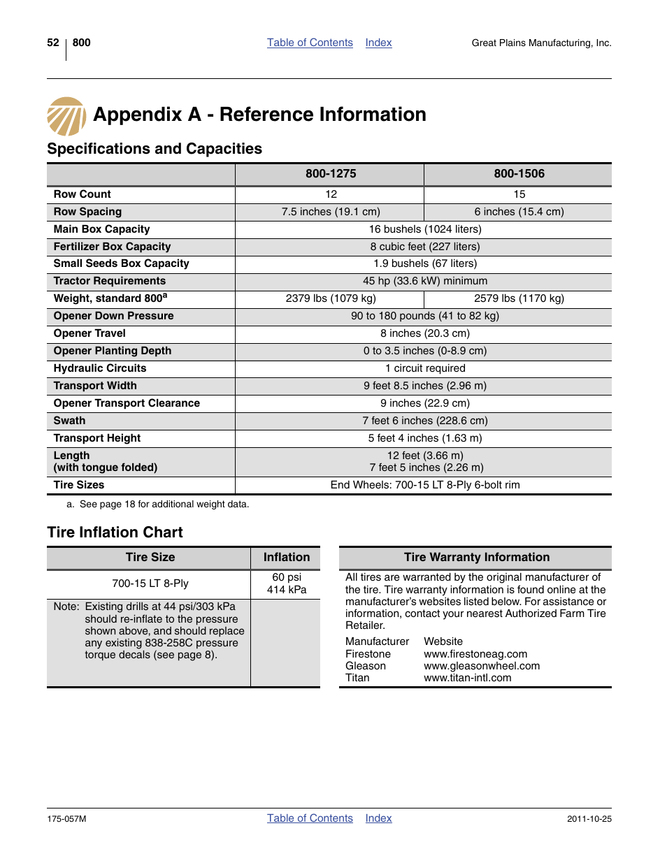 Appendix a - reference information, Specifications and capacities, Tire inflation chart | Specifications and capacities tire inflation chart | Great Plains 800 Operator Manual User Manual | Page 56 / 70