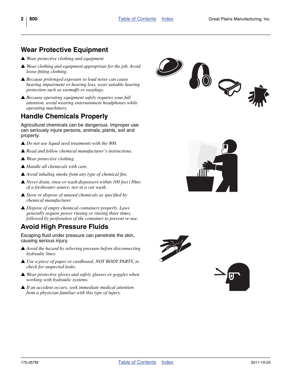 Wear protective equipment, Handle chemicals properly, Avoid high pressure fluids | Great Plains 800 Operator Manual User Manual | Page 6 / 70