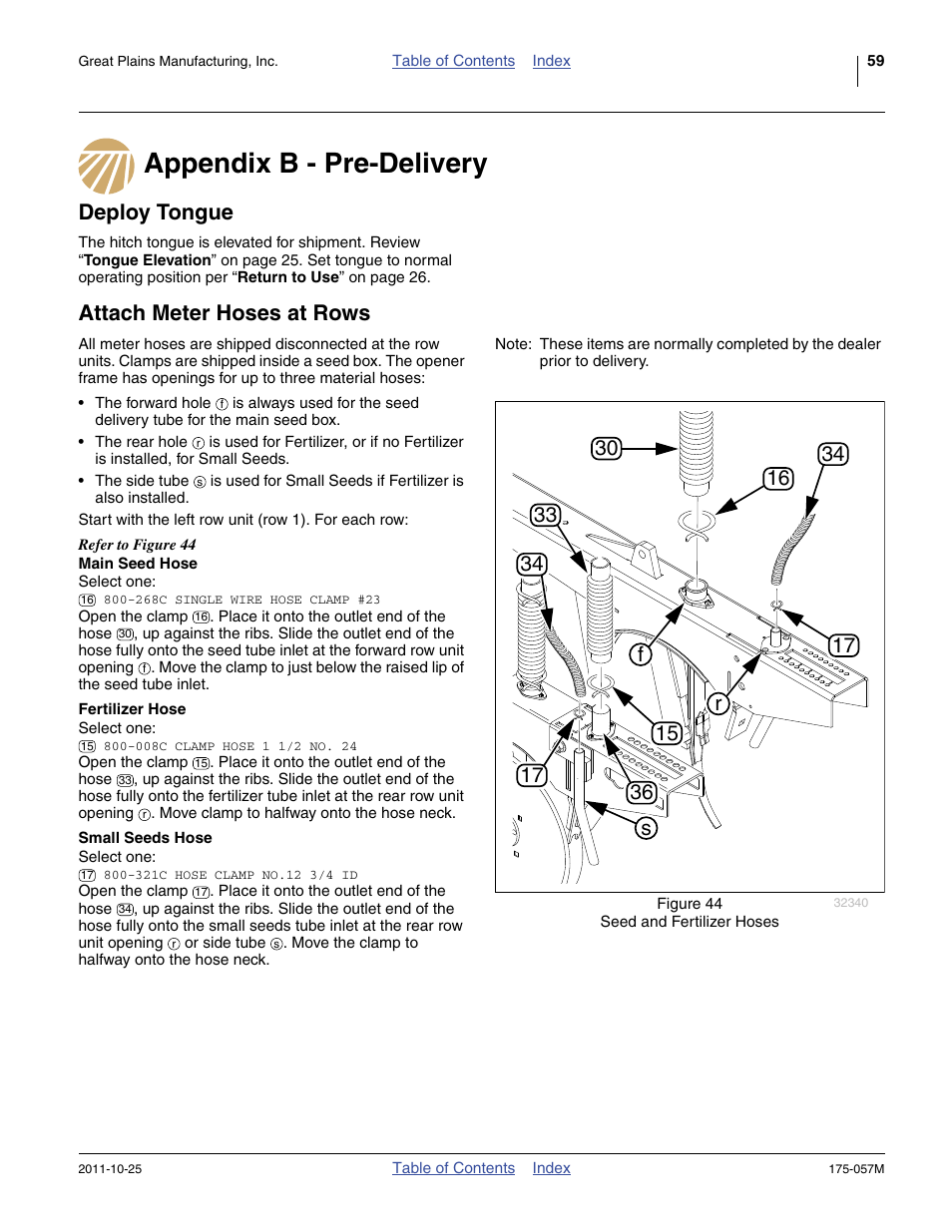 Appendix b - pre-delivery, Deploy tongue, Attach meter hoses at rows | Main seed hose, Fertilizer hose, Small seeds hose | Great Plains 800 Operator Manual User Manual | Page 63 / 70