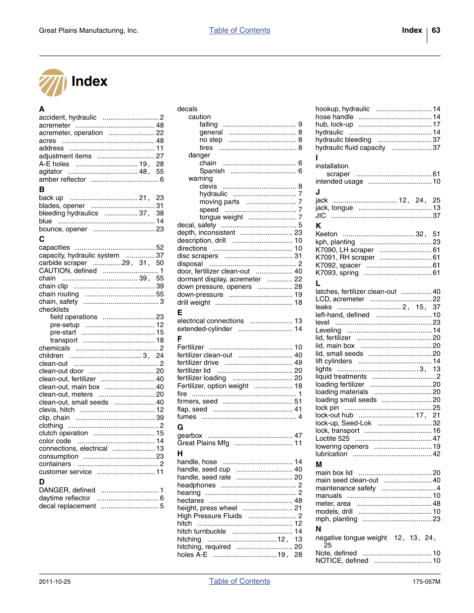 Index | Great Plains 800 Operator Manual User Manual | Page 67 / 70