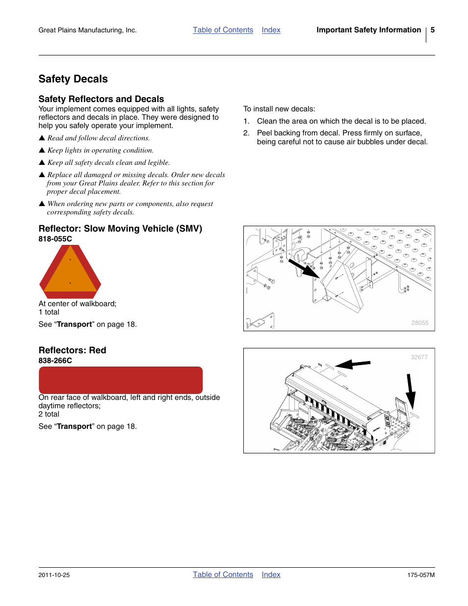 Safety decals, Safety reflectors and decals, Reflector: slow moving vehicle (smv) | 055c, Reflectors: red, 266c | Great Plains 800 Operator Manual User Manual | Page 9 / 70
