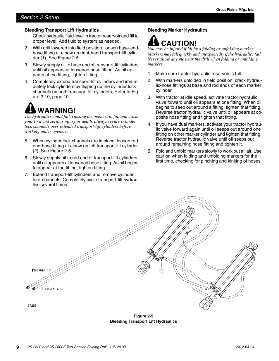 Bleeding transport lift hydraulics, Bleeding marker hydraulics, Warning | Caution | Great Plains 2S-2600F Predelivery Manual User Manual | Page 11 / 17
