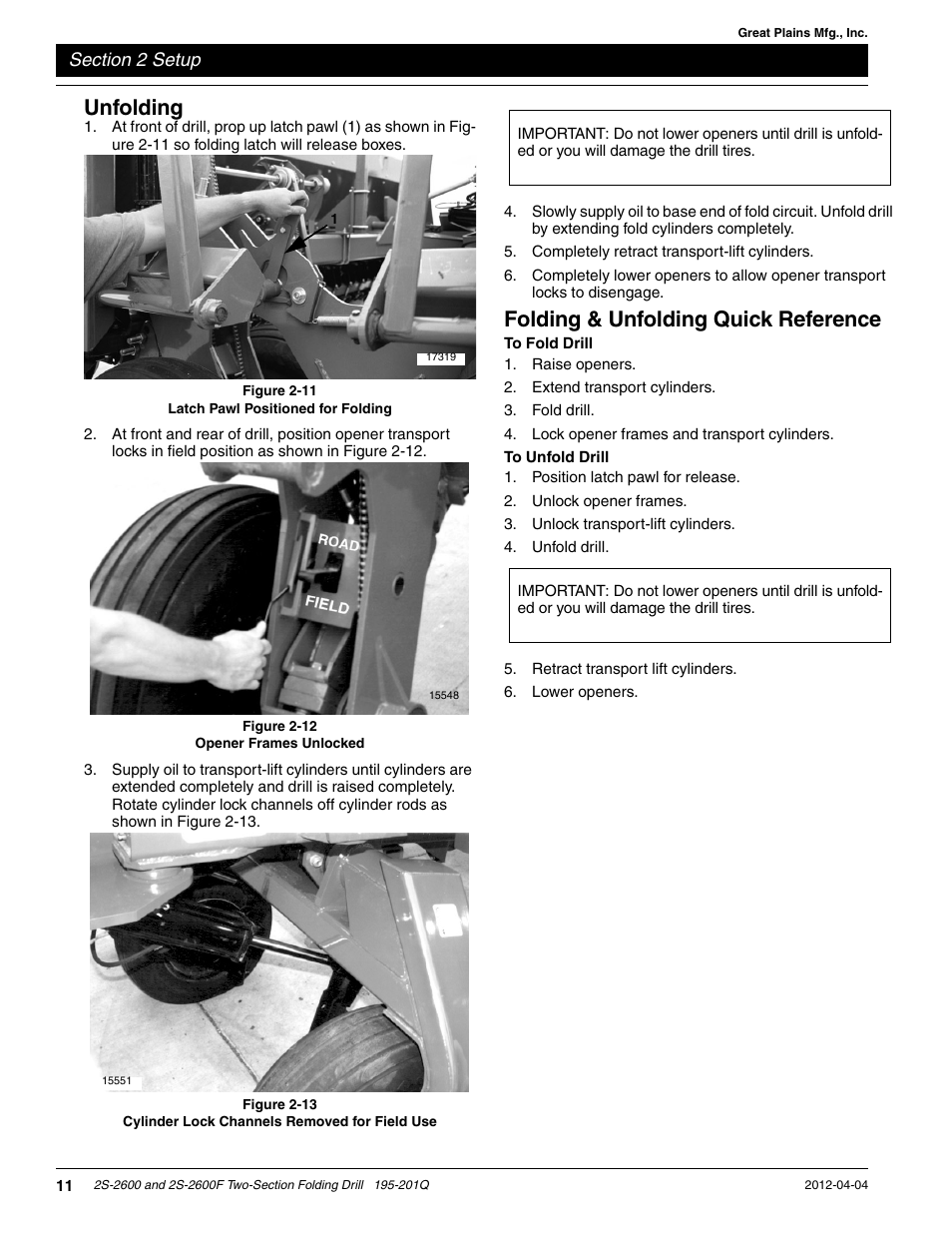 Unfolding, Folding & unfolding quick reference | Great Plains 2S-2600F Predelivery Manual User Manual | Page 13 / 17