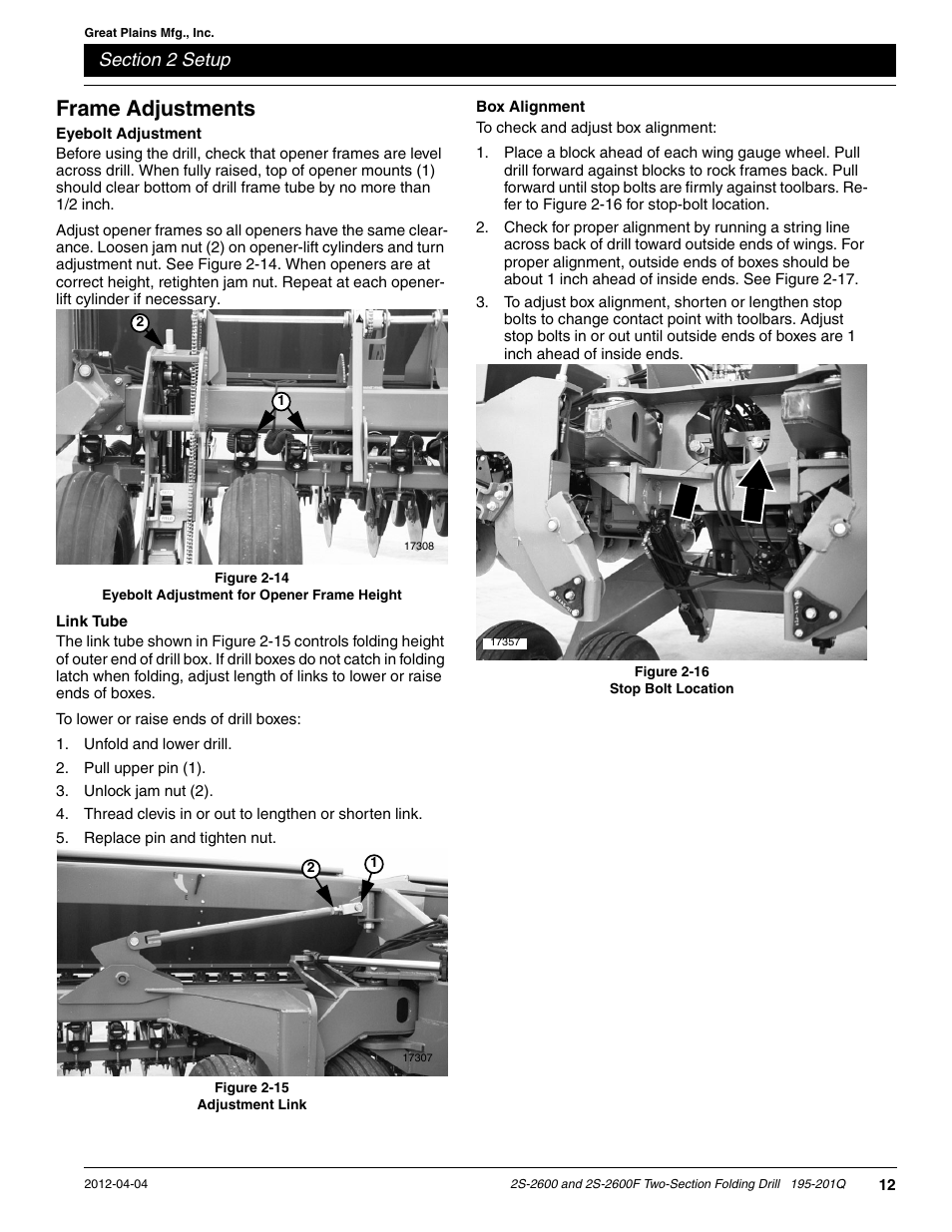 Frame adjustments, Eyebolt adjustment, Link tube | Box alignment | Great Plains 2S-2600F Predelivery Manual User Manual | Page 14 / 17