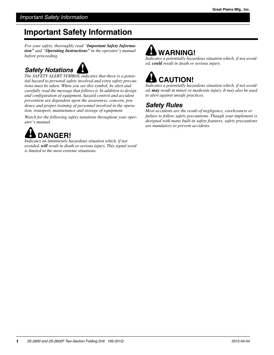 Important safety information, Safety notations, Safety rules | Great Plains 2S-2600F Predelivery Manual User Manual | Page 3 / 17