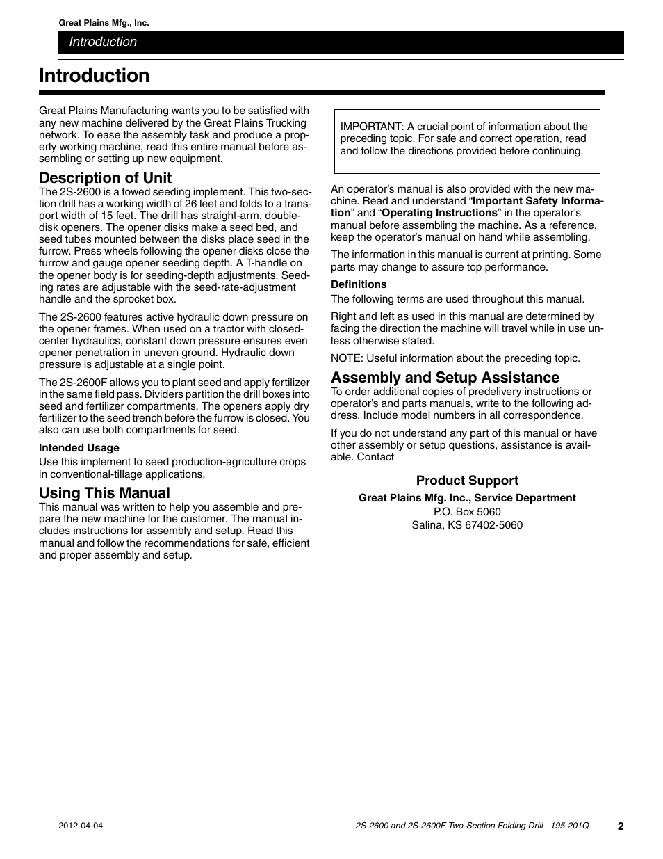 Introduction, Description of unit, Using this manual | Assembly and setup assistance | Great Plains 2S-2600F Predelivery Manual User Manual | Page 4 / 17