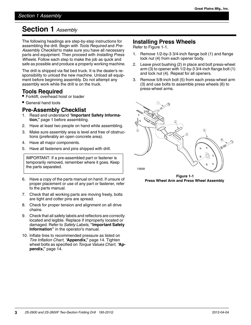 Section 1 assembly, Tools required, Pre-assembly checklist | Installing press wheels | Great Plains 2S-2600F Predelivery Manual User Manual | Page 5 / 17
