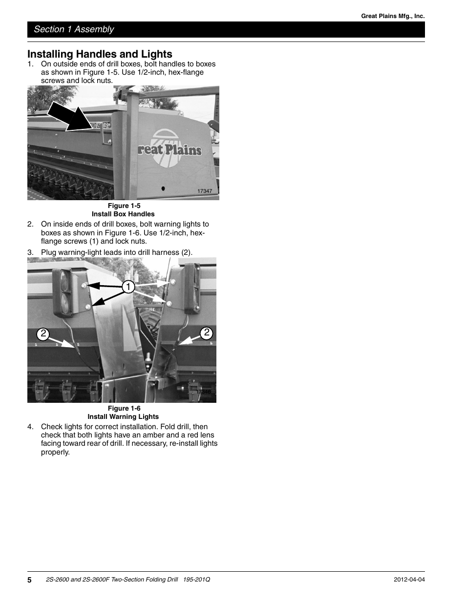 Installing handles and lights | Great Plains 2S-2600F Predelivery Manual User Manual | Page 7 / 17