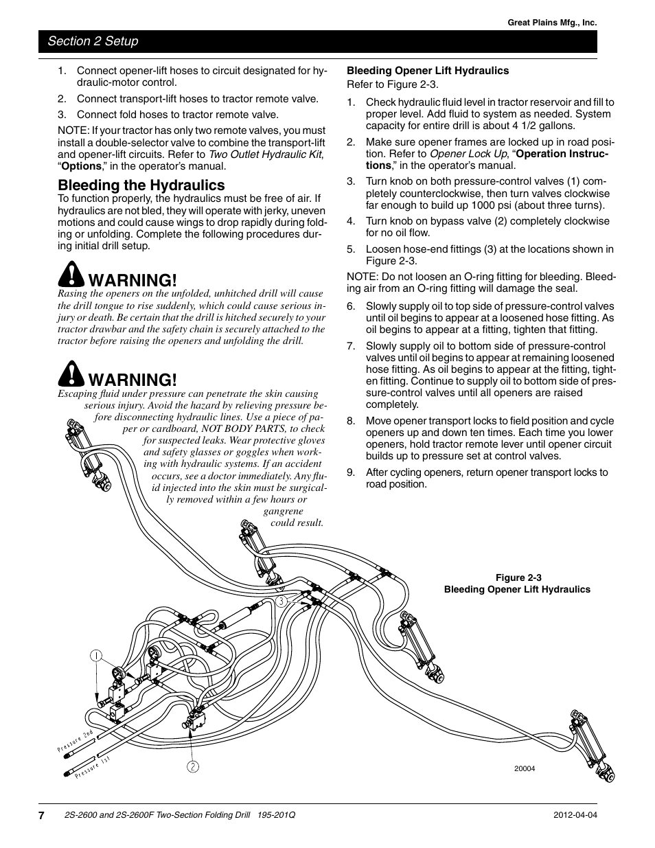 Bleeding the hydraulics, Bleeding opener lift hydraulics, Warning | Great Plains 2S-2600F Predelivery Manual User Manual | Page 9 / 17