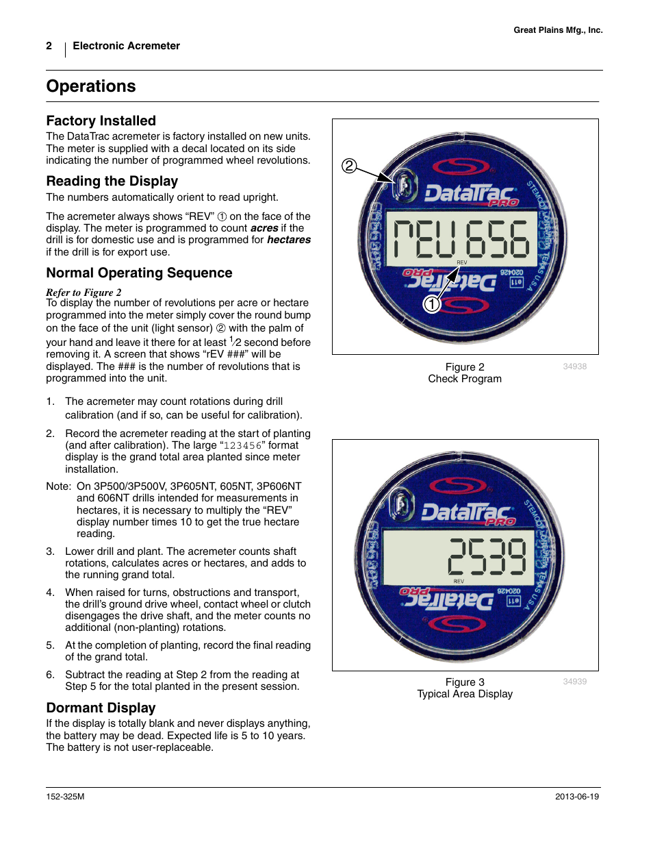 Operations, Factory installed, Reading the display | Normal operating sequence, Dormant display | Great Plains Electronic Acremeter (DataTrac) Assembly Instructions User Manual | Page 2 / 4