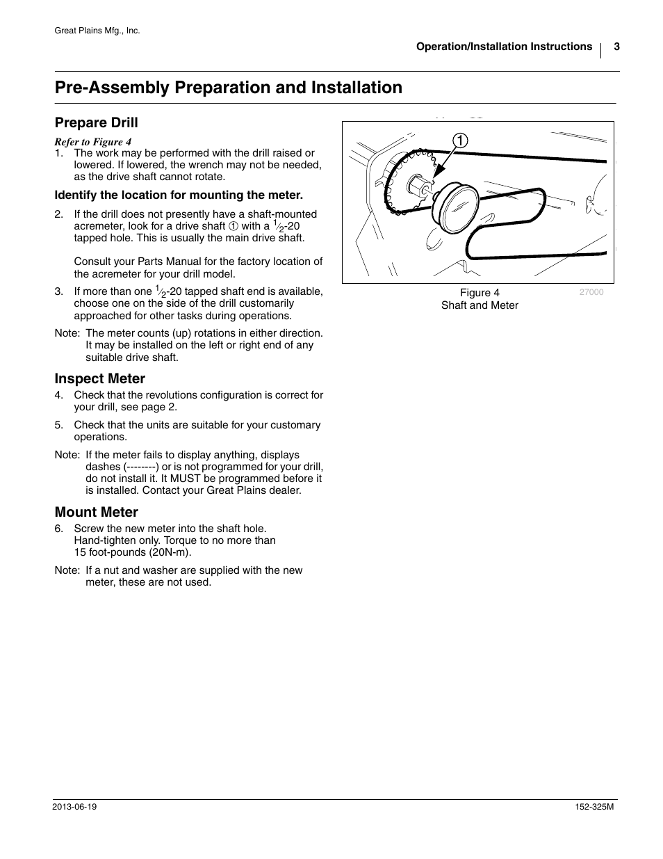 Pre-assembly preparation and installation, Prepare drill, Inspect meter | Mount meter | Great Plains Electronic Acremeter (DataTrac) Assembly Instructions User Manual | Page 3 / 4