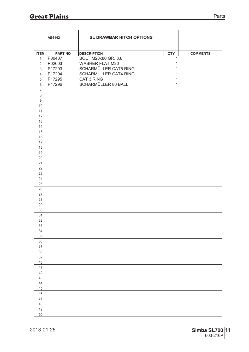 Sl700, 44 7. parts and assembly, Aas 41 42 | Parts and assembly, Operating instructions, Sl drawbar hitch options, 216p | Great Plains SL700 Parts Manual User Manual | Page 11 / 140