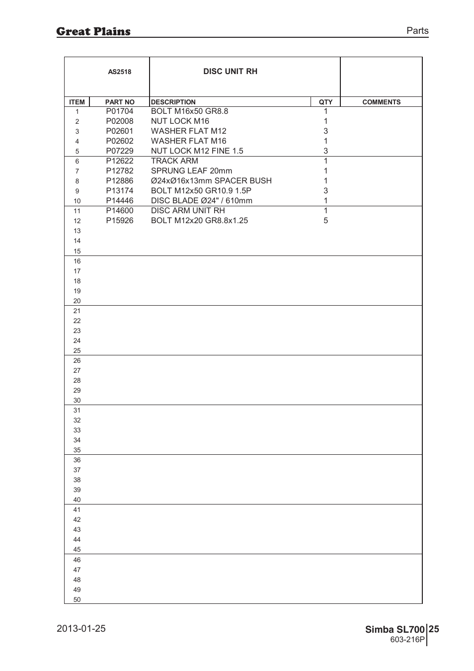 Sl700, 58 7. parts and assembly, Cas 25 18 | Parts and assembly, Operating instructions, Disc unit rh, 216p | Great Plains SL700 Parts Manual User Manual | Page 25 / 140