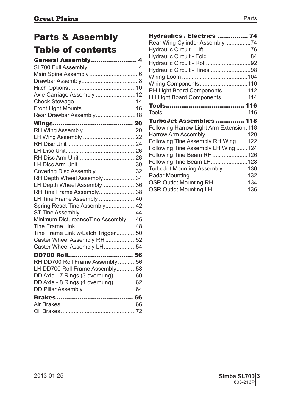 Parts & assembly table of contents | Great Plains SL700 Parts Manual User Manual | Page 3 / 140