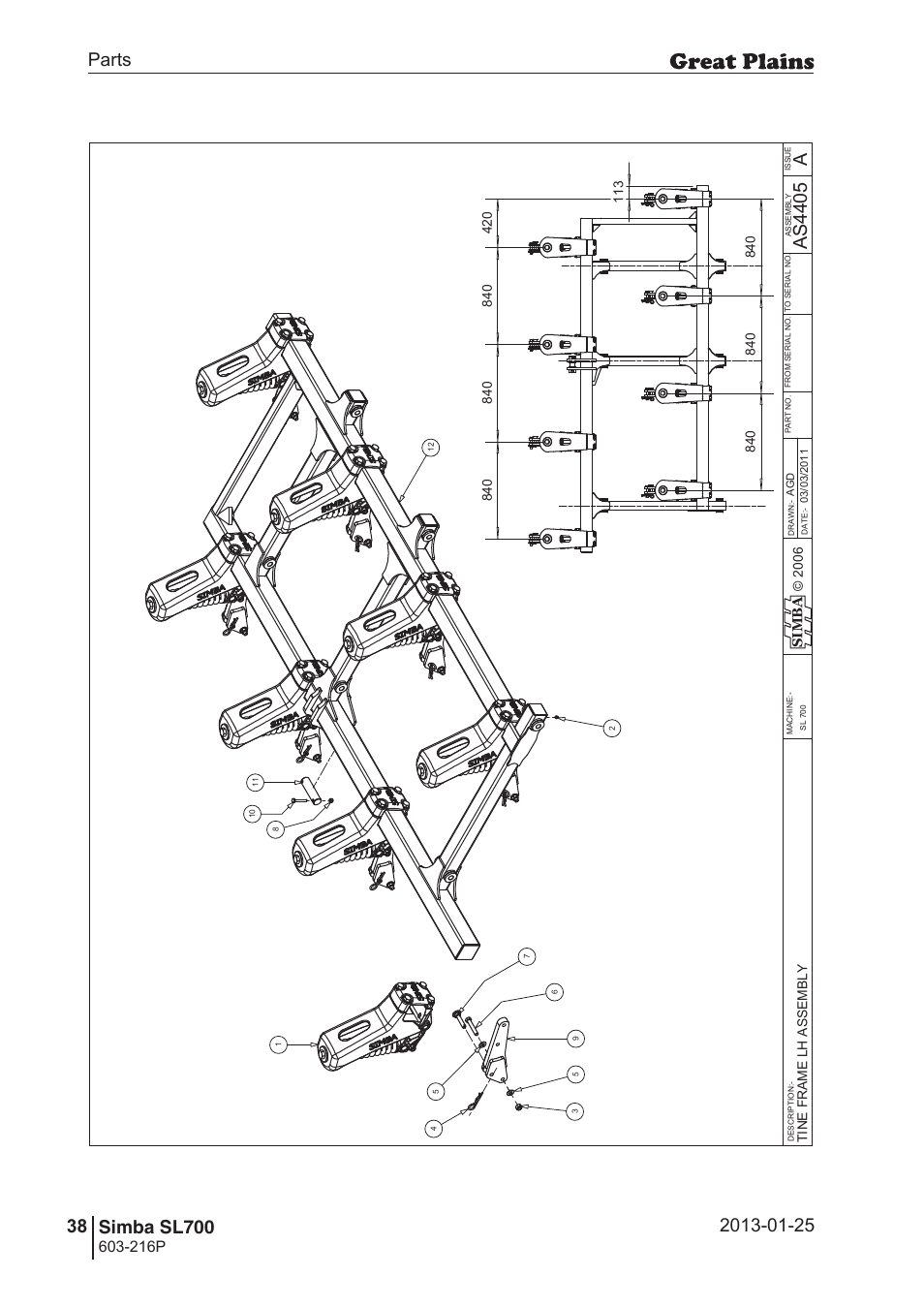 Sl700, 72 7. parts and assembly, Aas 44 05 | Operating instructions, 216p, Si m b a | Great Plains SL700 Parts Manual User Manual | Page 38 / 140