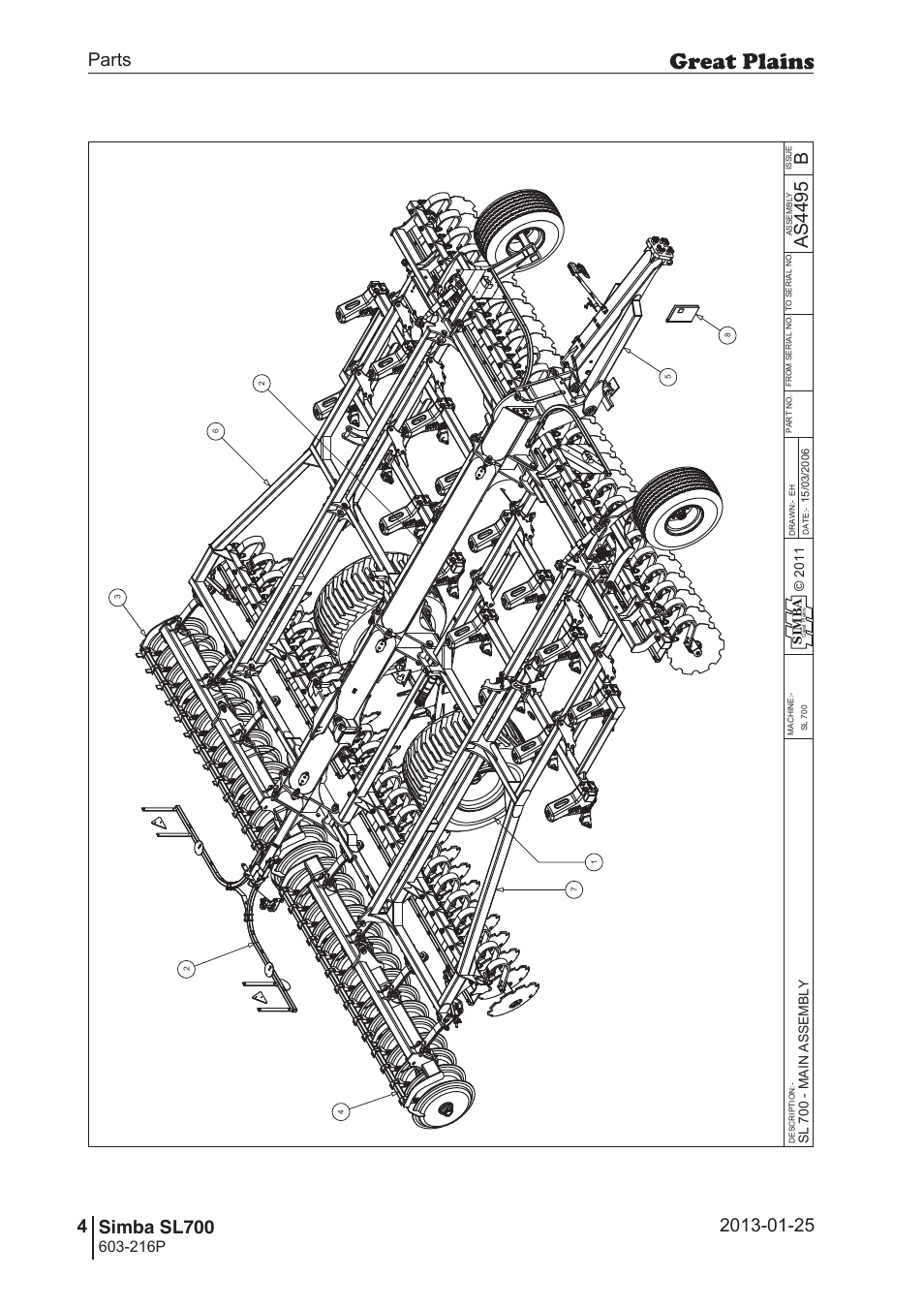 Sl700, 38 7. parts and assembly, Bas 44 95 | Parts 4 simba sl700, Operating instructions, 216p, Si m b a, Sl 70 0 - m ai n a ss em b ly | Great Plains SL700 Parts Manual User Manual | Page 4 / 140
